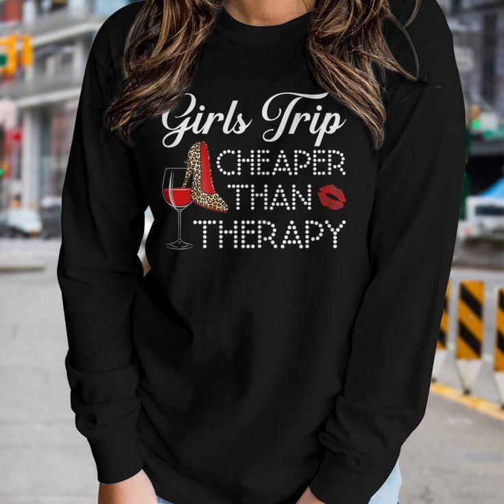 Womens Girls Trip Cheaper Than A Therapy 2023 Wine Party Women Long Sleeve T-shirt Gifts for Her