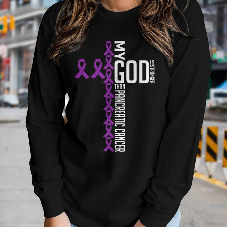 My God Is Stronger Than Pancreatic Cancer Awareness Warrior Women Long Sleeve T-shirt Gifts for Her
