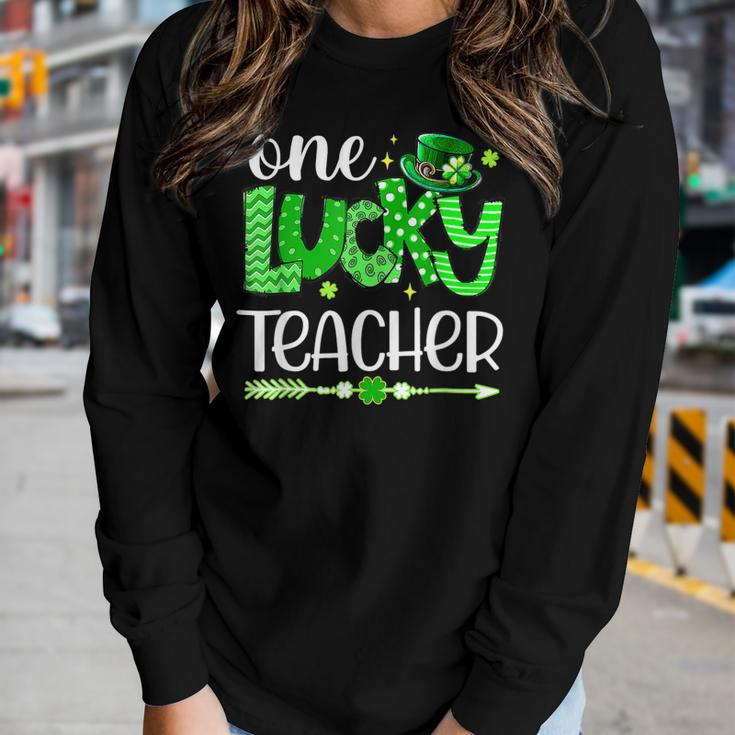 Green Leopard Shamrock One Lucky Teacher St Patricks Day Women Graphic Long Sleeve T-shirt Gifts for Her