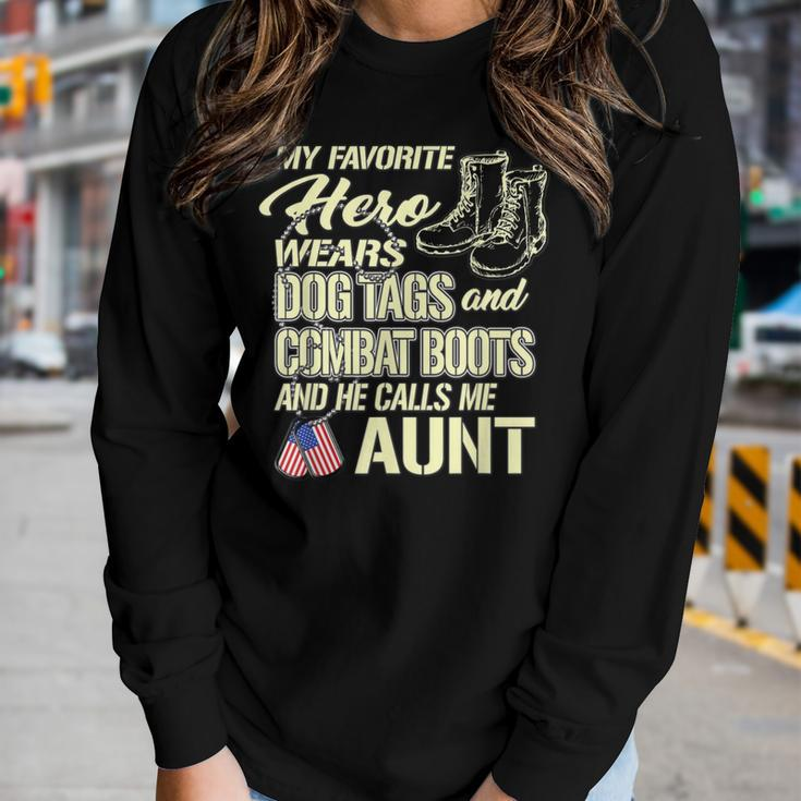 Hero Wears Dog Tags Combat Boots Proud Military Aunt Gift Women Graphic Long Sleeve T-shirt Gifts for Her