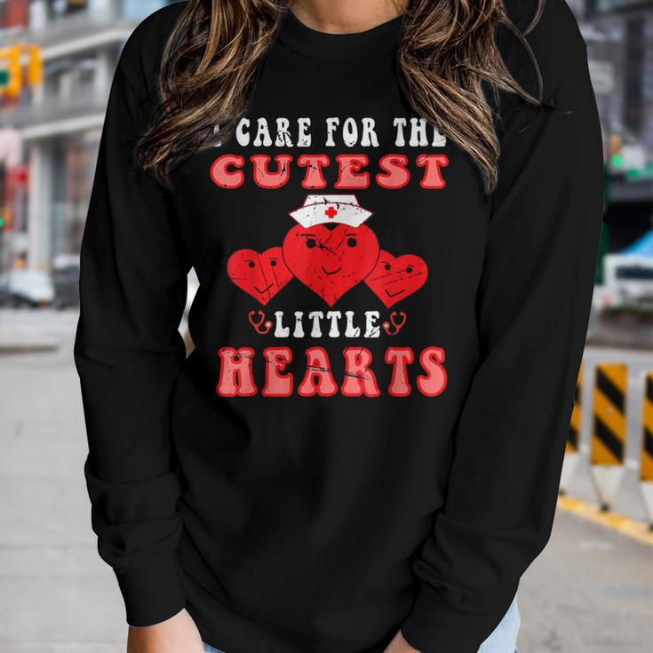 I Care For The Cutest Little Hearts Groovy Nurse Valentines V3 Women Graphic Long Sleeve T-shirt Gifts for Her