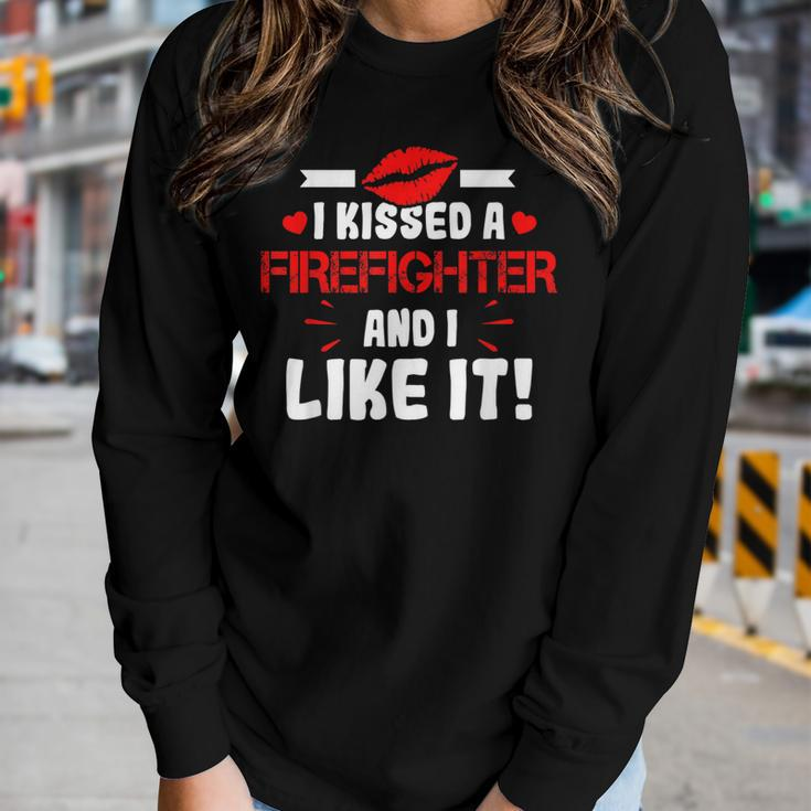 I Kissed A Firefighter And I Like It Wife Girlfriend Gift Women Graphic Long Sleeve T-shirt Gifts for Her