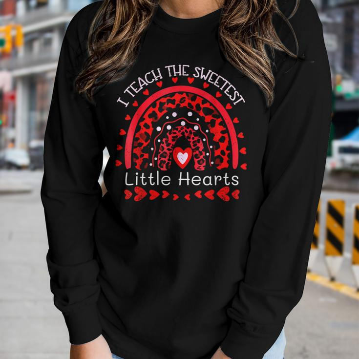 I Teach The Sweetest Hearts Rainbow Leopard Valentines Cute Women Graphic Long Sleeve T-shirt Gifts for Her