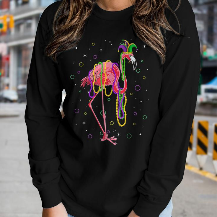 Jester Flamingo & Beads Mardi Gras Fat Tuesday Parade Girls Women Graphic Long Sleeve T-shirt Gifts for Her