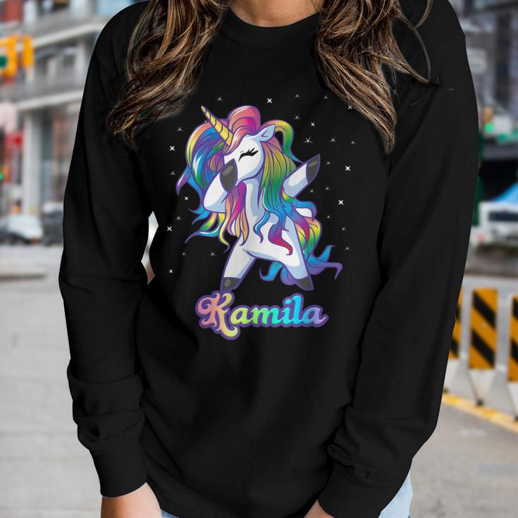 Kamila Name Personalized Custom Rainbow Unicorn Dabbing Women Long Sleeve T-shirt Gifts for Her