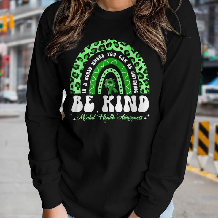 Be Kind Green Ribbon Leopard Rainbow Mental Health Awareness Women Long Sleeve T-shirt Gifts for Her