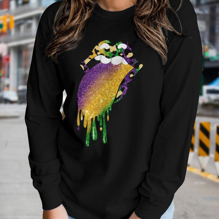 Leopard Lip With Tongue Out Women Love Mardi Gras Parade Women Long Sleeve T-shirt Gifts for Her
