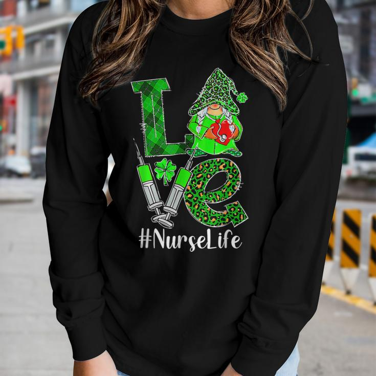 Love Gnome Nurse Life St Patricks Day Leopard Shamrock Women Graphic Long Sleeve T-shirt Gifts for Her