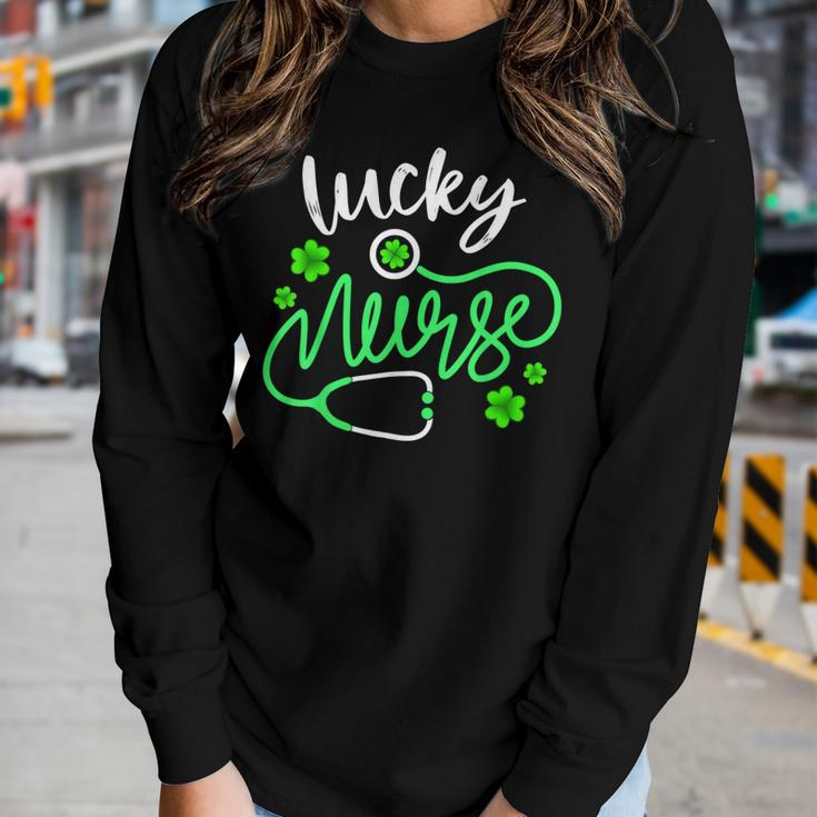 Lucky NurseSt Pattys Day Gift Shamrock Nurse  Women Graphic Long Sleeve T-shirt Gifts for Her