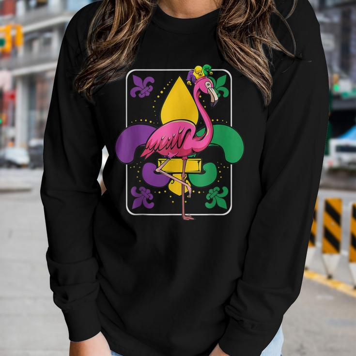 Mardi Gras Carnival Flamingo Jester Hat Mardi Beads Women Graphic Long Sleeve T-shirt Gifts for Her