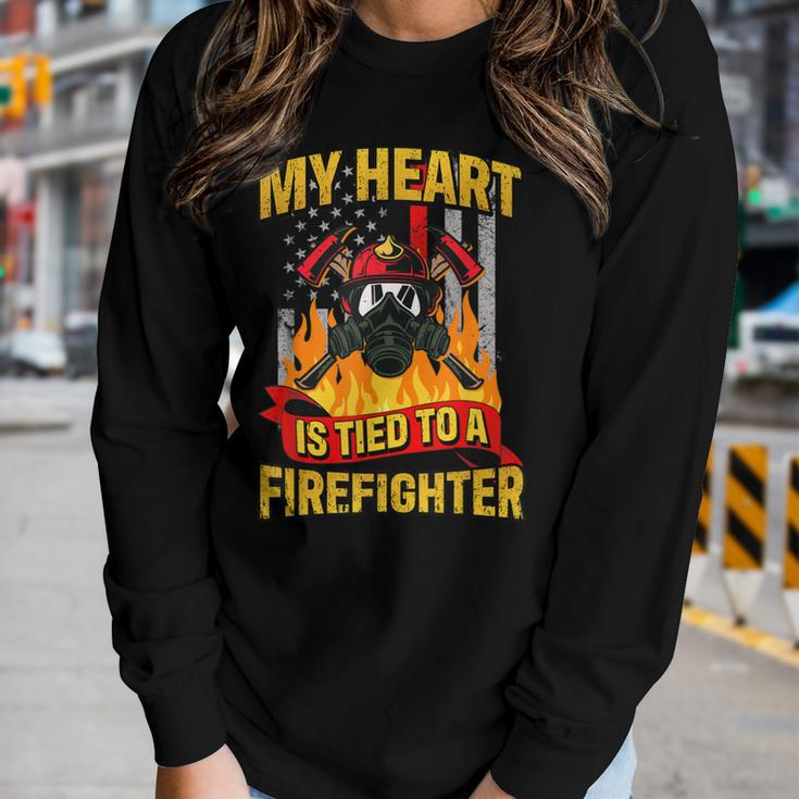 My Heart Is Tied To A Firefighter Fireman Fire Wife Women Graphic Long Sleeve T-shirt Gifts for Her