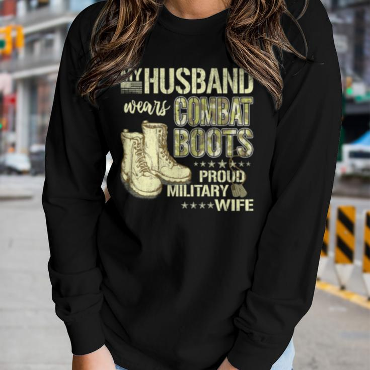 My Husband Wears Combat Boots Dog Tags - Proud Military Wife Women Graphic Long Sleeve T-shirt Gifts for Her