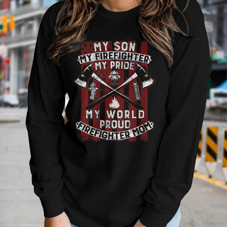 My Son My Firefighter Hero | Proud Firefighter Mom Mother Women Graphic Long Sleeve T-shirt Gifts for Her