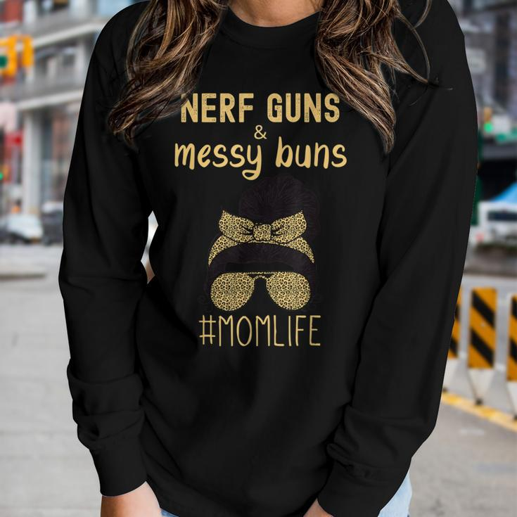 Nerf Guns And Messy Buns Momlife Leopard Print Women Long Sleeve T-shirt Gifts for Her