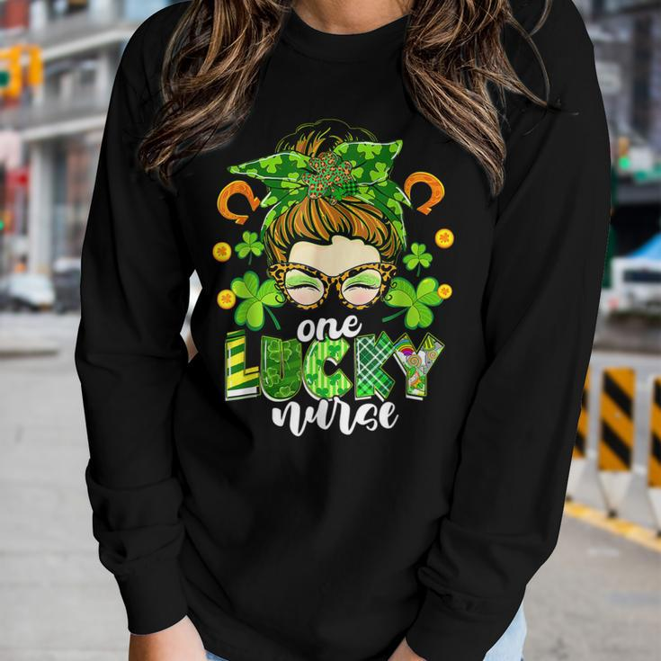 One Lucky Nurse Green Shamrock Messy Bun St Patricks Day Women Graphic Long Sleeve T-shirt Gifts for Her