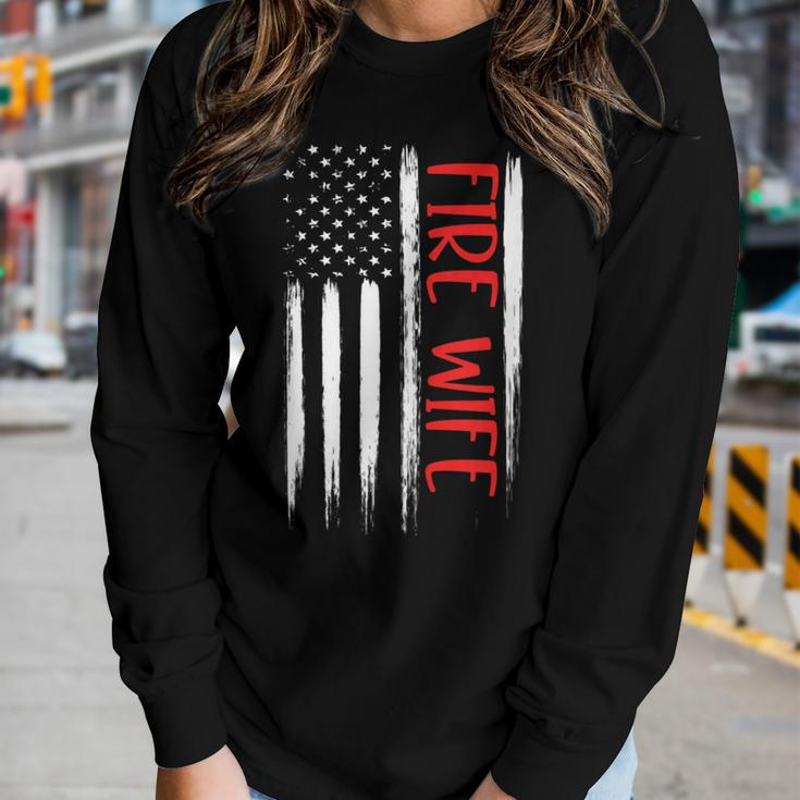 Proud Fire Wife Thin Red Line American Flag Firefighter Gift Women Graphic Long Sleeve T-shirt Gifts for Her