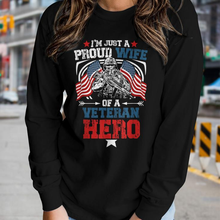 Proud Wife Veteran Hero Us Flag Vintage Veterans Day Husband Women Graphic Long Sleeve T-shirt Gifts for Her