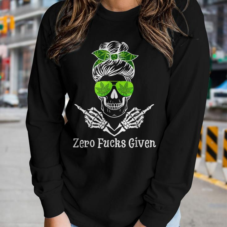 Skull Messy Bun Mom Weed Leaf 420 Marijuana Women Long Sleeve T-shirt Gifts for Her