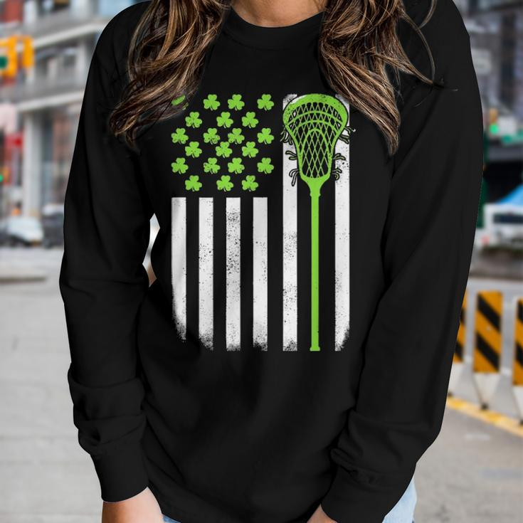 St Patricks Day Lacrosse Lax Usa Flag Women Irish Shamrock Women Graphic Long Sleeve T-shirt Gifts for Her