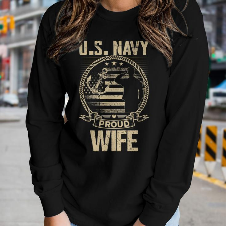 Us Na Vy Proud Wife Veteran Day Memorial Day Military Wife Women Graphic Long Sleeve T-shirt Gifts for Her