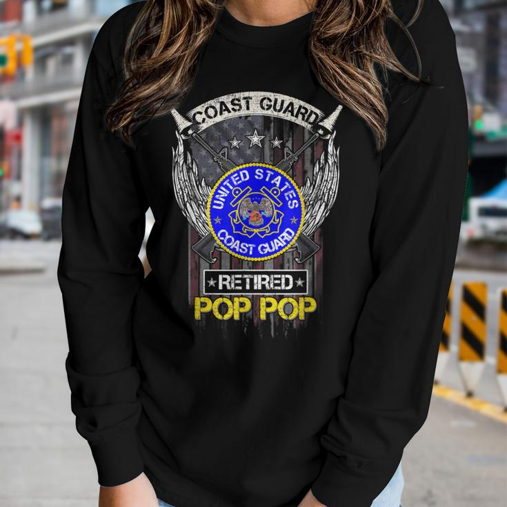 Vintage Usa American Flag Coast Guard Proud Retired Pop Pop Women Graphic Long Sleeve T-shirt Gifts for Her