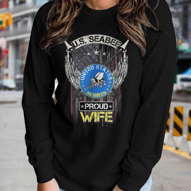 Vintage Usa American Flag Us Seabee Proud Veteran Wife Funny Women Graphic Long Sleeve T-shirt Gifts for Her