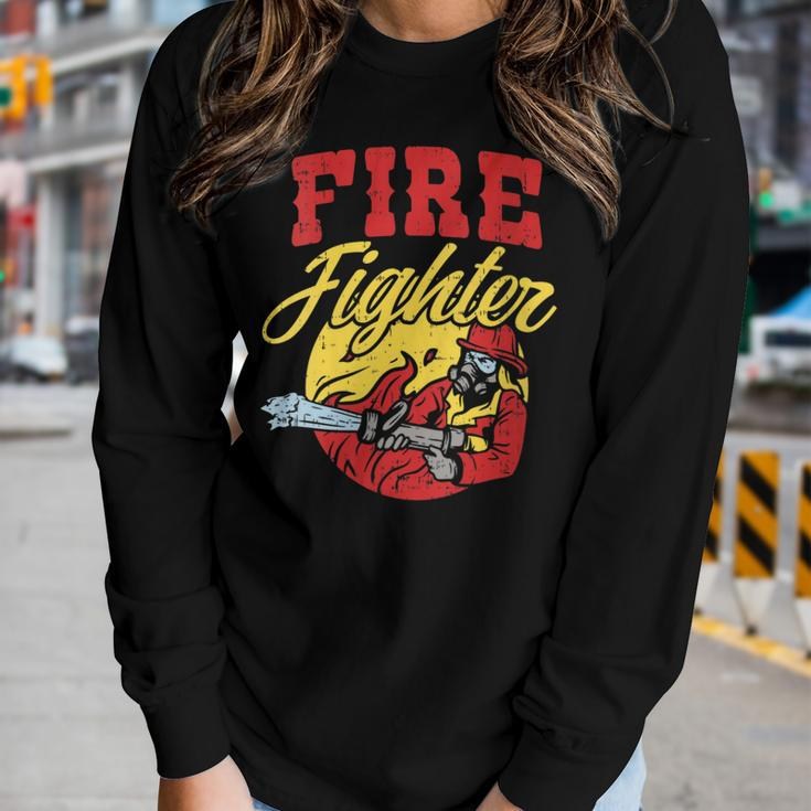 Womens Fire Fighter With Water Hose Fighting The Fire Gift Women Graphic Long Sleeve T-shirt Gifts for Her