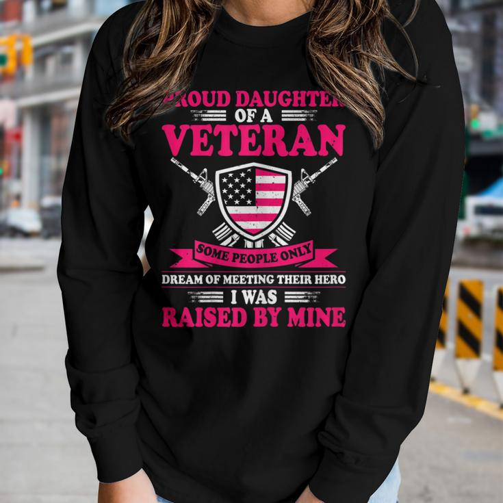 Womens Proud Daughter Of A Veteran Father Cute Veterans Daughter Women Graphic Long Sleeve T-shirt Gifts for Her