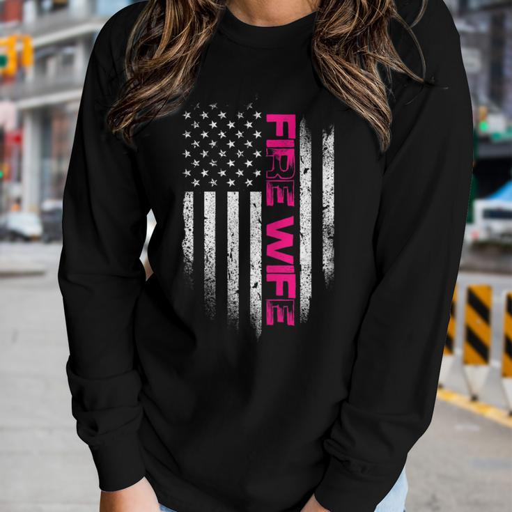 Womens Us Flag I Fire Wife I Firefighter Woman Women Graphic Long Sleeve T-shirt Gifts for Her