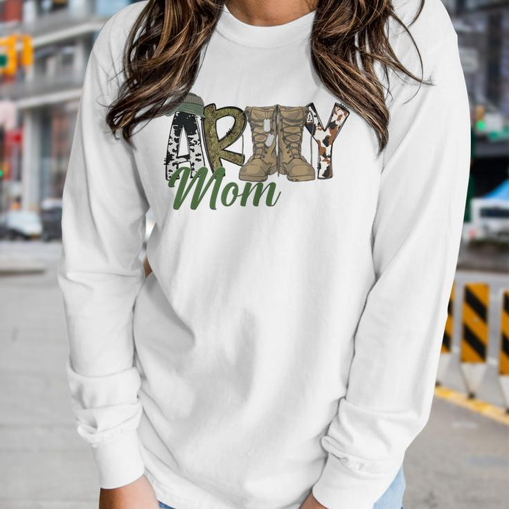 Army Mom Western Army Boots Cowhide Mom Gift Veterans Day Women Graphic Long Sleeve T-shirt Gifts for Her