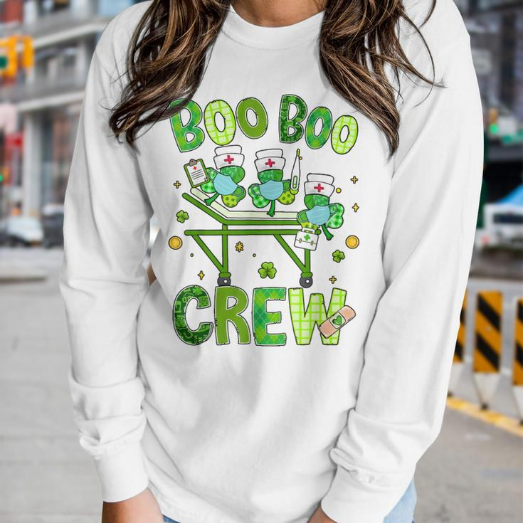 Boo Boo Crew Nurse St Patricks Day Shamrock Face Mask Nurse Women Graphic Long Sleeve T-shirt Gifts for Her