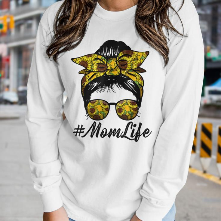 Cute Mom Women Life Sunflower Messy Bun Women Long Sleeve T-shirt Gifts for Her