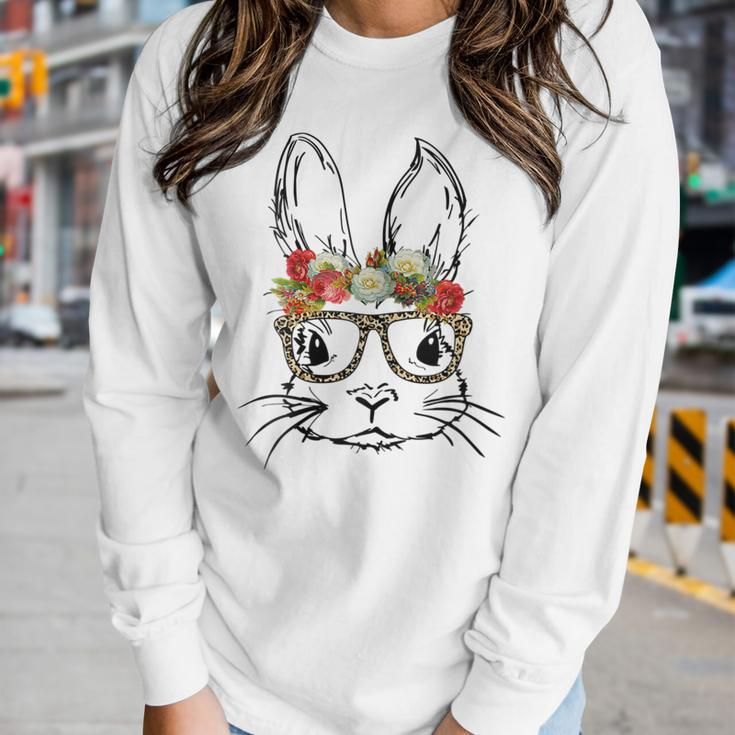 Cute Mom N Girls Easter Bunny With Glasses Leopard Print Women Long Sleeve T-shirt Gifts for Her