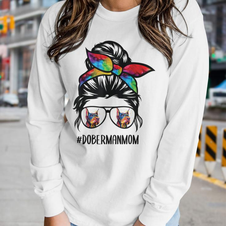 Doberman Dog Mom Messy Bun Hair Glasses Dobie Mom Messy Bun Women Graphic Long Sleeve T-shirt Gifts for Her