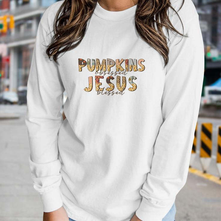 Fall Pumpkin Obsessed And Jesus Blessed Christian Autumn Gifts Women Graphic Long Sleeve T-shirt Gifts for Her