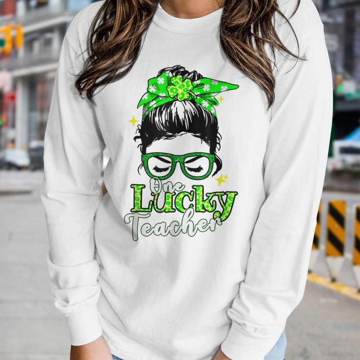 Funny Love Messy Bun Teacher Life St Patricks Day Shamrock V2 Women Graphic Long Sleeve T-shirt Gifts for Her
