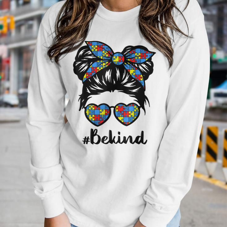 Be Kind Messy Bun Girls Kids Autism Awareness Kindness Month Women Long Sleeve T-shirt Gifts for Her