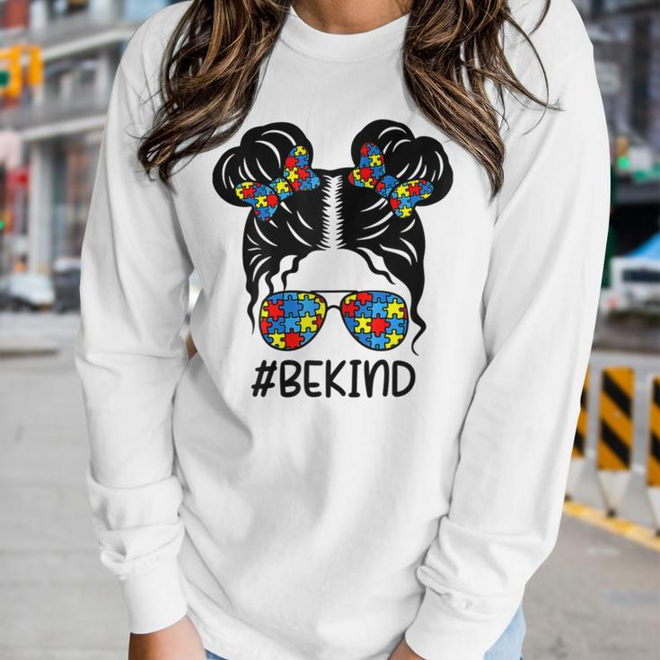 Be Kind Messy Bun Girls Kids Autism Awareness Kindness Month Women Long Sleeve T-shirt Gifts for Her