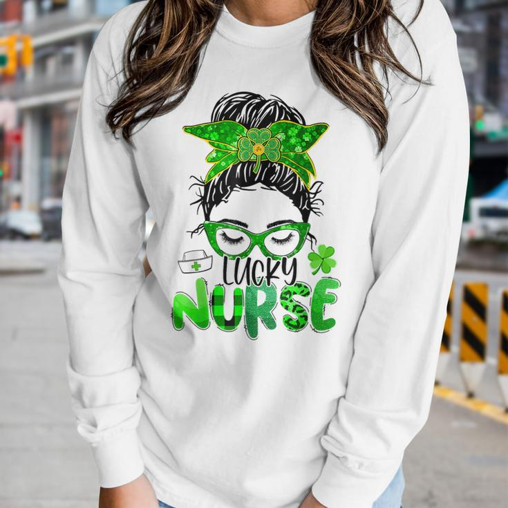 Lucky Nurse St Patricks Day Nurse Shamrock Messy Bun Mom Women Graphic Long Sleeve T-shirt Gifts for Her