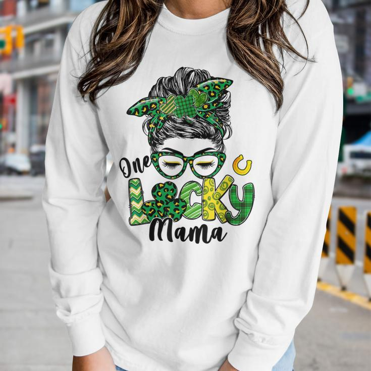 Messy Bun Leopard Green Shamrock Lucky Mama St Patricks Day Women Graphic Long Sleeve T-shirt Gifts for Her