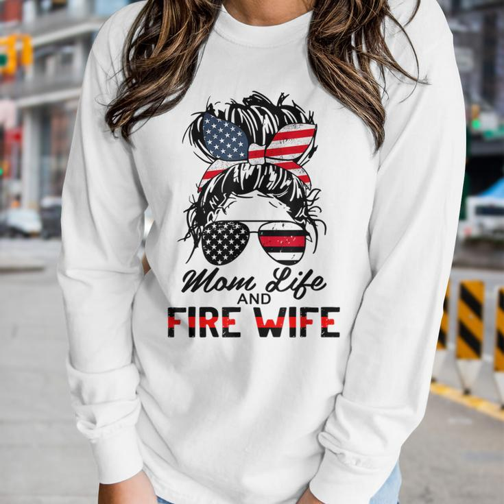 Mom Life And Fire Wife Firefighter American Flag 4Th Of July Women Graphic Long Sleeve T-shirt Gifts for Her