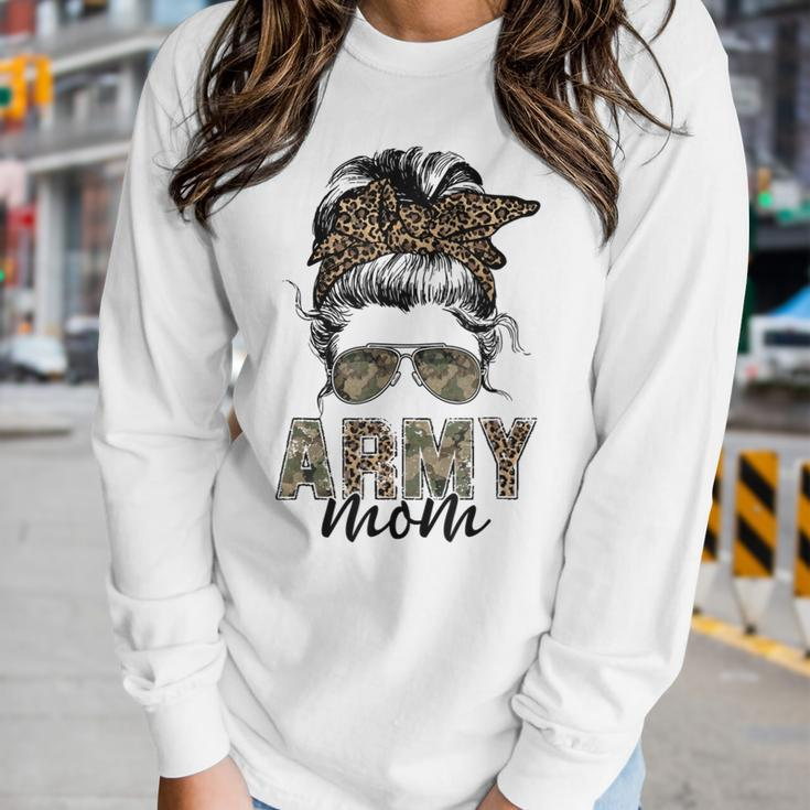 Proud Veteran Women Camo Leopard Messy Bun Proud Army Mom Women Graphic Long Sleeve T-shirt Gifts for Her