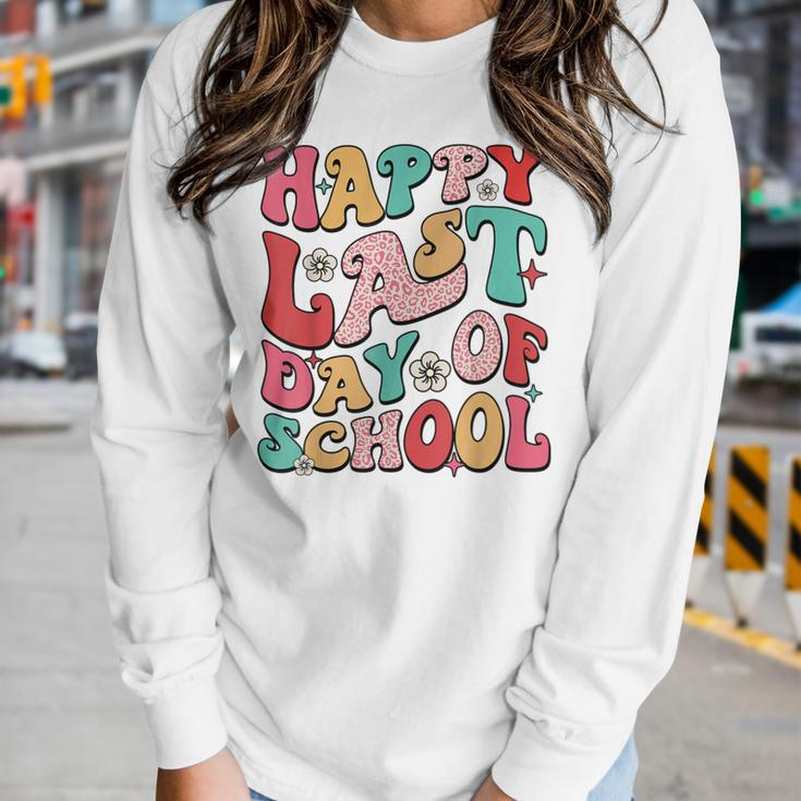 Retro Groovy Happy Last-Day Of School Leopard Teacher Kids Women Long Sleeve T-shirt Gifts for Her