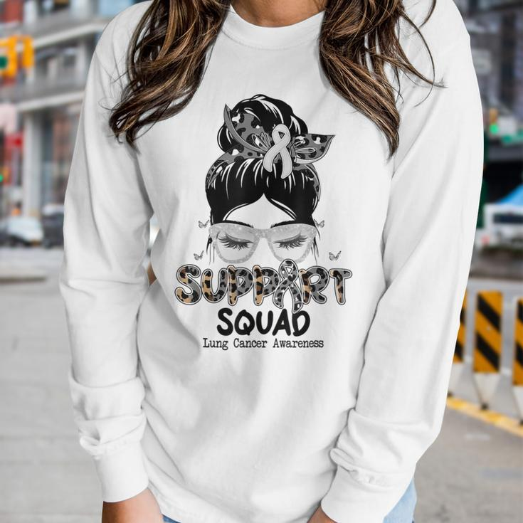 Support Squad Messy Bun Butterfly White Ribbon Lung Cancer Women Long Sleeve T-shirt Gifts for Her