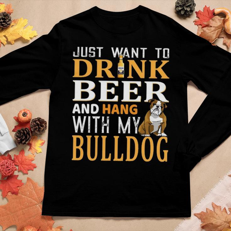 Bulldog Dad Dog Dad & Beer Lover Fathers Day Gift Women Graphic Long Sleeve T-shirt Funny Gifts