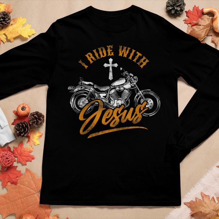 Christian Motorcycle Biker I Ride With Jesus Faith Women Long Sleeve T-shirt Unique Gifts