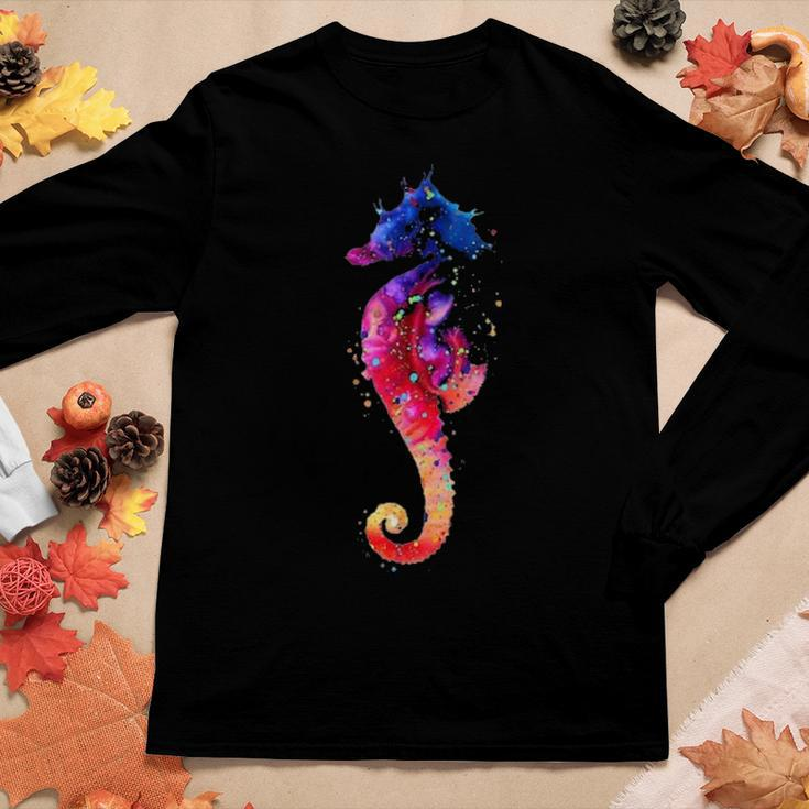 Colorful Sea Horse Lover Dad Mom Funny Kidding Women Graphic Long Sleeve T-shirt Funny Gifts