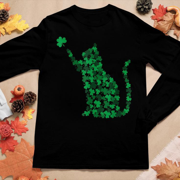Cute Cat St Patricks Day Clover Lucky Cat Mom Shamrock Cat Women Graphic Long Sleeve T-shirt Personalized Gifts