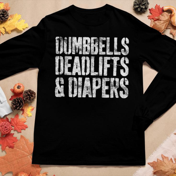 Dumbbells Deadlifts And Diapers Gym Dad Mom Women Long Sleeve T-shirt Unique Gifts