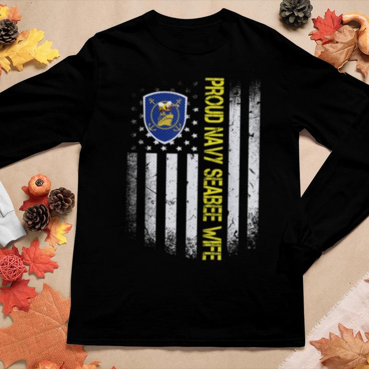 Flag Usa Proud Us Navy Seabee Wife Us Military Family Women Long Sleeve T-shirt Unique Gifts